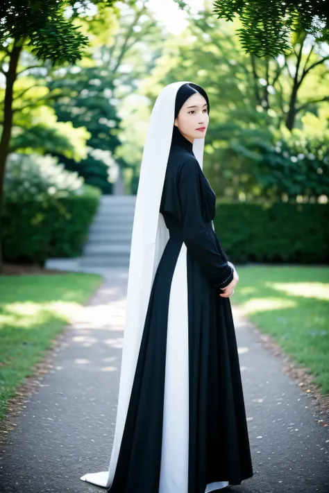 ((Best quality, 8k, Masterpiece: 1.3)), 1 old slim nun, standing gracefully outdoors, captured in a full body shot, taken from below to accentuate her divine presence, all while remaining fully clothed in her sacred garments. With remarkable modesty, ensur...