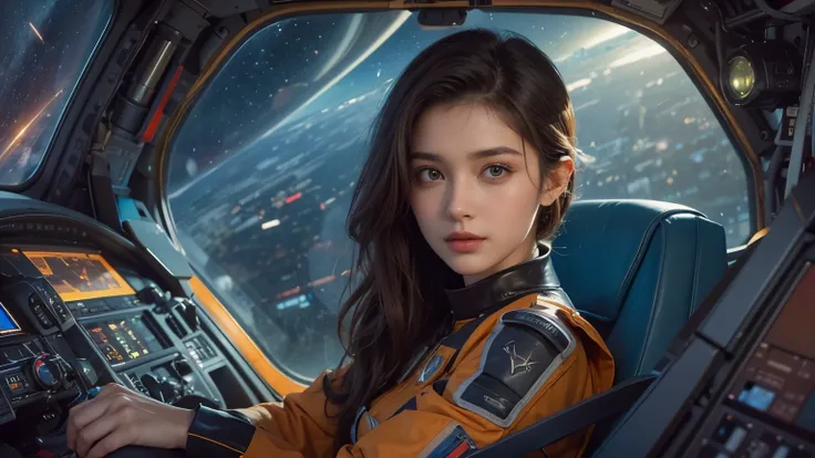 A beautiful woman sits in the cockpit of a large spaceship. Twenty years old. Dark brown hair. She is looking at the camera with a serious expression. She is wearing futuristic clothes.