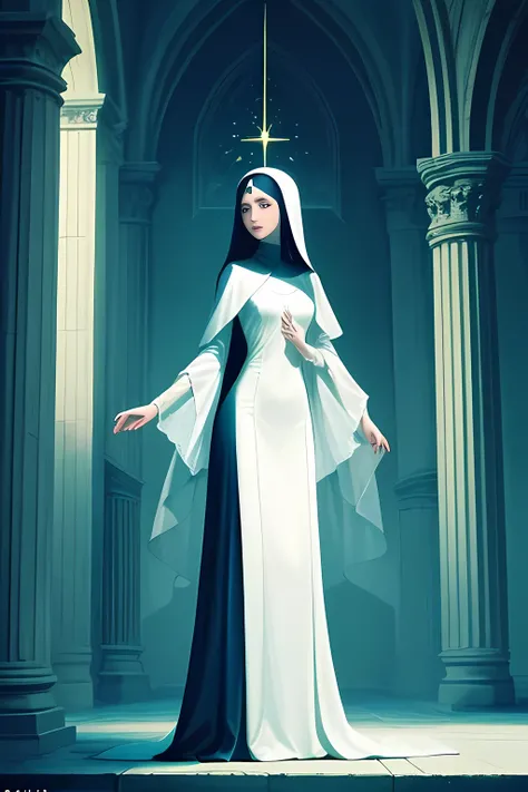 (Masterpiece, top quality, best quality, official art, beautiful and aesthetic: 1.2), (1 old slim nun), Extreme detailed, colorful, highest detailed, full body shot, Taken from below, Outdoor setting, Fully clothed, Delicate and intricate robe, Soft and fl...