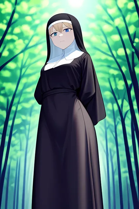 old slim nun, standing outdoors, full body shot, captured from below, fully clothed, her serene expression radiated peace and tranquility, the surrounding greenery and sunlight framed her in a divine aura. Black clothes