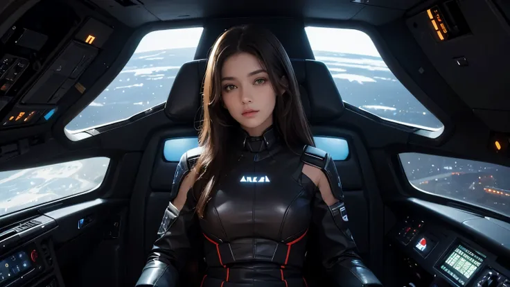 A beautiful woman sits in the cockpit of a large spaceship. Twenty years old. Dark brown hair. She is looking at the camera with a serious expression. She is wearing futuristic clothes.