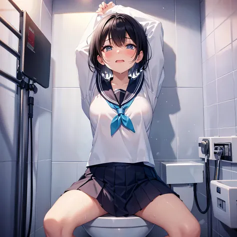 high school girl、sailor suit、pleated skirt、black hair、short hair、Are crying、ecstasy face、mouth open、Water is flowing from the mouth、sweating all over、lots of sweat、Stay in the bathroom、sitting on the toilet、Body is restrained、wrists tied