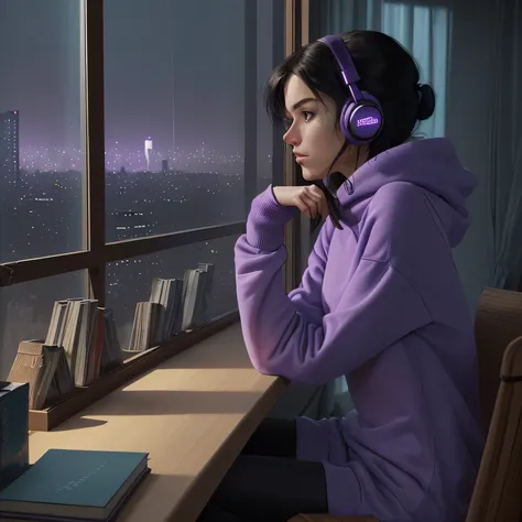 (Cozy, lofi, girl, skinny, purple sweatshirt, aesthetic, blue, ultra-detailed, ultra-high-resolotion, in-bedroom, with the veiw of cyberpunk city at night in the big windows ,plants-in-the-room, some books on the desk, wearing headphone, black eyes, red ir...