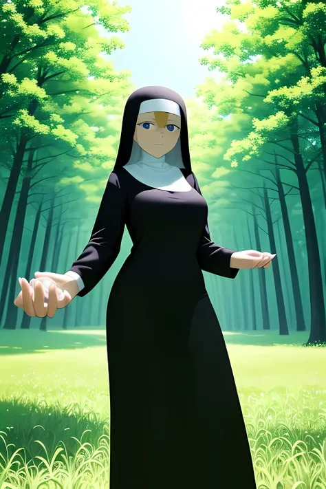 old slim nun, standing outdoors, full body shot, captured from below, fully clothed, her breasts were skillfully concealed, the cleavage of her braless top remained hidden, her serene expression radiated peace and tranquility, the surrounding greenery and ...