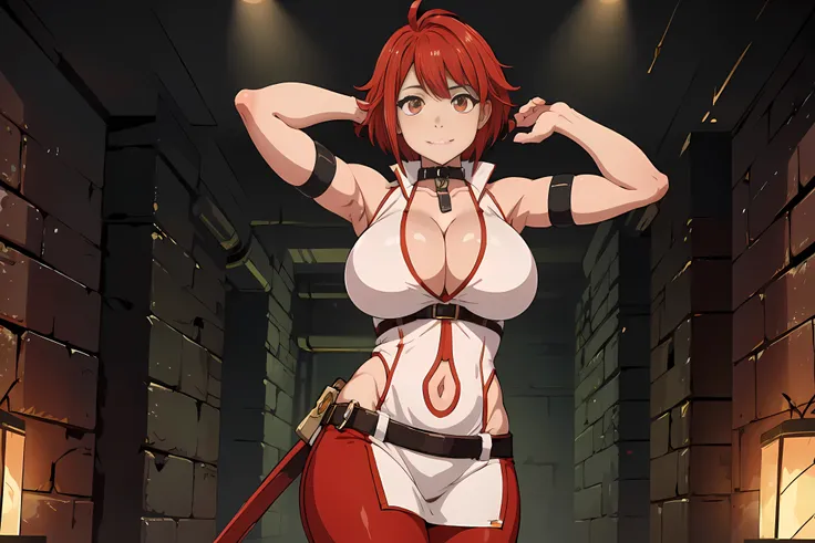 (vesta_harem:1.2), (1girl:1.2), (solo:1.6), sword, large breasts, red eyes, red hair, short hair, tall, smile, closed_mouth, looking_at_viewer, dual_wielding, 2 sword, (((hand_on_hilt))), holding_sword, collar, white_shirt, red_trim, cleavage, navel_cutout...