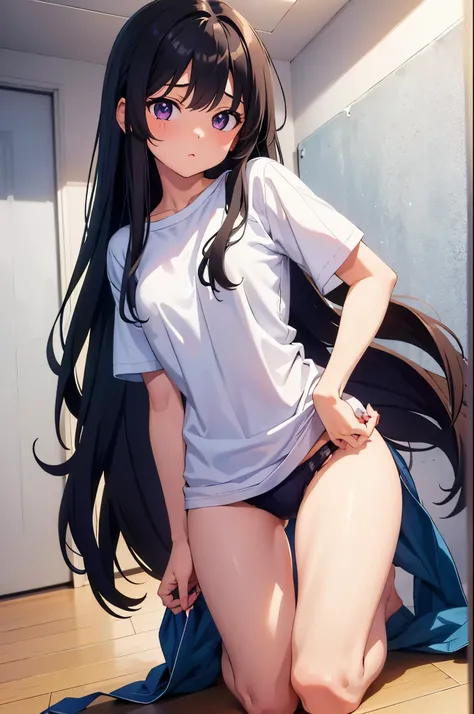 girl&#39;s room　elementary school girl　backwards　Adjusting panties　8-year-old　flat chest　black hair　long hair　eyes are purple　（（1 person））　Baggy white T-shirt on the upper body　lower body white panties（（White panties are visible））　barefoot　backwardsで立っている　...