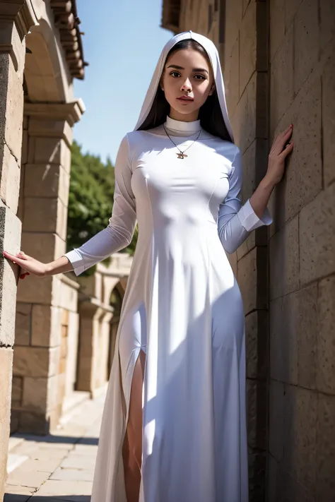 RAW, Best quality, high resolution, masterpiece: 1.3), Young slim nun, Standing outdoor, Full body shot, From below, Fully clothed, Covered gigantic breasts, Covered cleavage, Braless

Masterpiece: 1.3, Beautiful young nun, Outdoor full body shot, Taken fr...