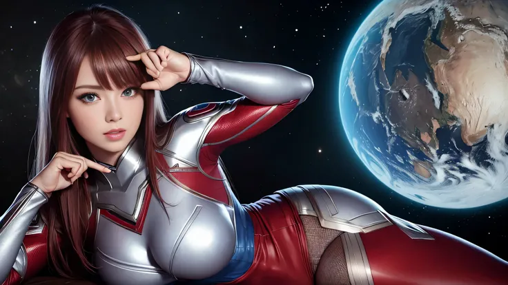 high quality fingers, normal hand, fine fingers, masterpiece, (realistic, Photo realistic: 1.37), (22 year old female), Galaxy Ultraman, Women&#39;s Ultraman Classic Red Silver Tights, big breasts, thin waist, crimson hair, blue eyes, beautiful face, perfe...