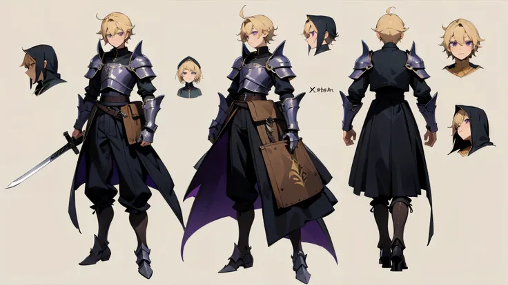 (a((masterpiece)),(((best quality))),(character design sheet,same character,front,side,back), Reference sheet of a cute boy ,full body.s A young boy shota with purple eyes, blond hair, short hair, , dressed in a medieval style, carrying a bag while walking...