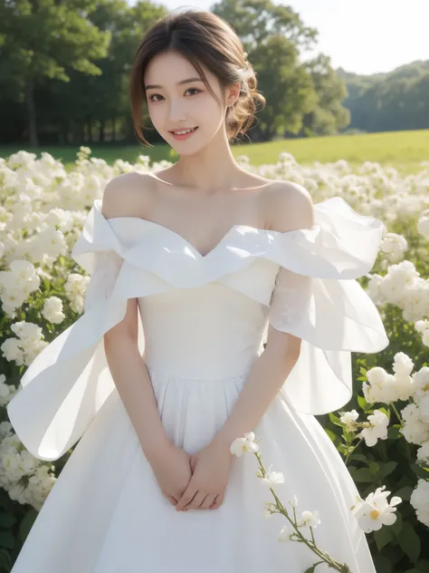 best quality, masterpiece, ultra high resolution, (realistic:1.4), RAW photos, 1 woman, white dress, off shoulder, flower field in full bloom, glowing skin, light smile, jeweled dress