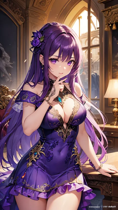 ((highest quality)),(ultra high resolution),(Super detailed),(detailed description),((best CG)),(best work of art),super precision art,amazing drawing art,(Fantasy art with intricate detail:1.5), (lady:1.6),(Shiny, bright violet hair:1.4),(An off-the-shoul...