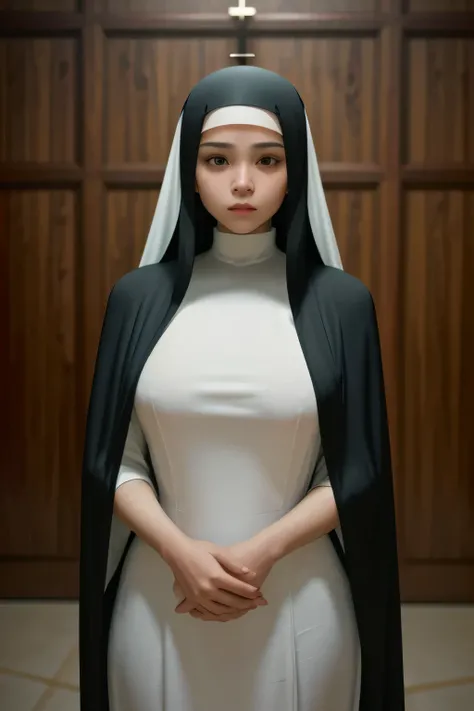 (Masterpiece, Young Nun), (High Quality, Spiritual Figure), (Female Character, Religious Icon), (Detailed Attire, Habit), (Nuns Veil, Covered Head), (Bare Neckline, Modest Plunge), (Natural Complexion, Radiant Skin), (Soft Lighting, Holy Sanctuary), (Reali...