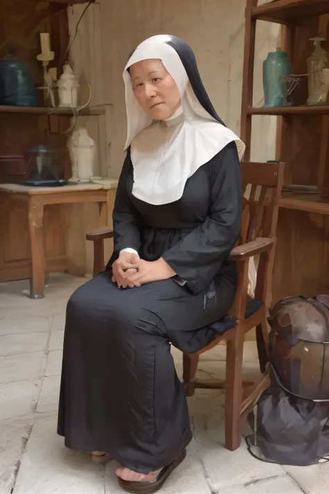 mature nun, solemn expression, wrinkled face with deep lines, traditional religious habit with long robe and veil, weathered han...