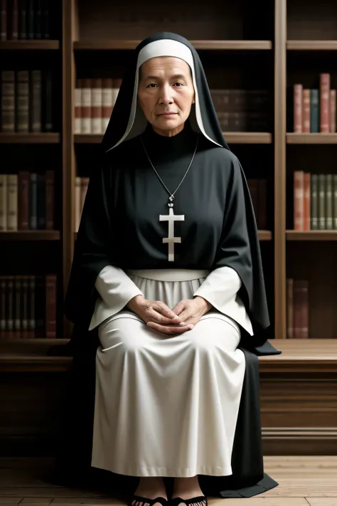 Mature nun, solemn expression, wrinkled face with deep lines, traditional religious habit with long robe and veil, weathered hands holding a rosary bead, serene posture, seated in a dimly lit room, surrounded by empty shelves and books, peaceful aura, intr...