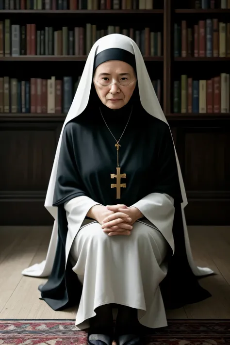 Mature nun, solemn expression, wrinkled face with deep lines, traditional religious habit with long robe and veil, weathered hands holding a rosary bead, serene posture, seated in a dimly lit room, surrounded by empty shelves and books, peaceful aura, intr...