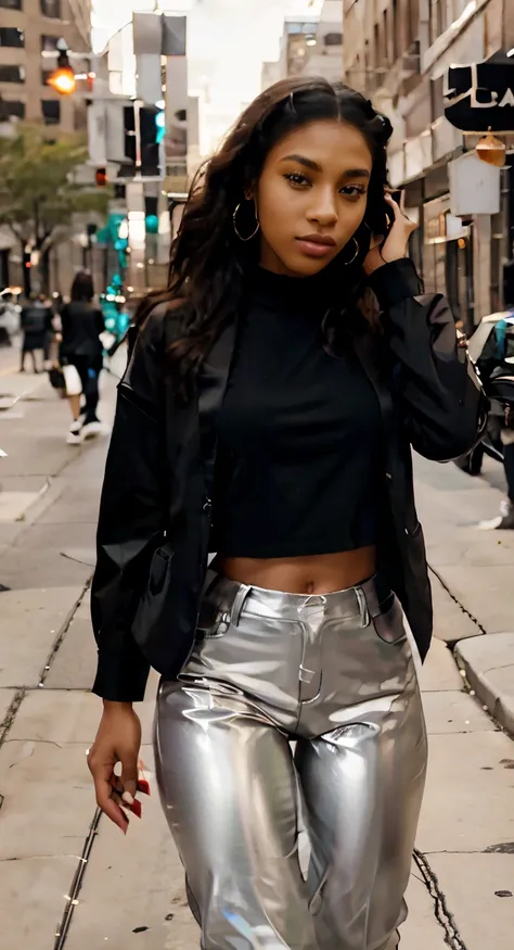 Introducing Skylar, representing the dynamic streets of Chicago, Illinois. She exudes urban sophistication with her sleek and edgy ensemble. Skylar wears a tailored black blazer over a graphic tee, paired with high-waisted faux leather leggings and stilett...