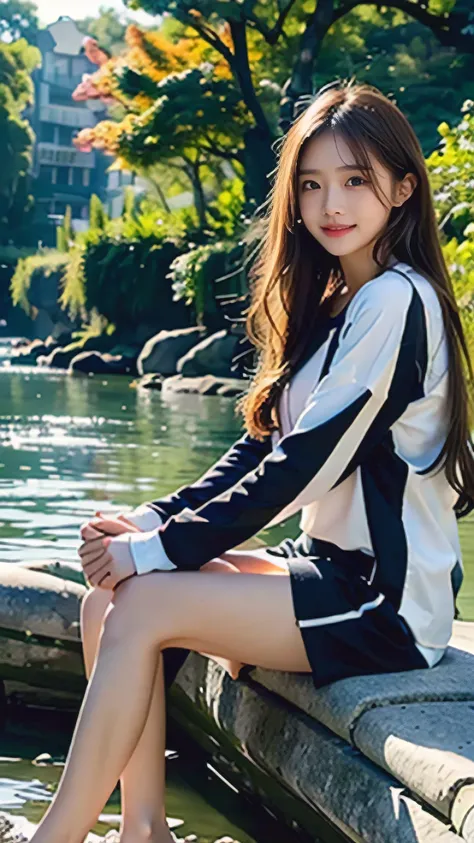 High resolution, masterpiece, highest quality, Ultra Definition 8K Wallpapers, very clear, Majestic panoramic view:1.3, (detailed beautiful face):1.2, Bashful Expression, Wearing a natural smile), (Sun-kissed blonde)hair, Wavy long hair, Casual long-sleeve...