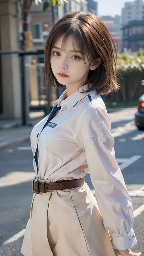 light brown hair、brown hair、hair between eyes、hair behind the ear、short hair、white shirt、uniform、front、negative space、Lens flare、Bokeh、 wide angle、超wide angle、f/1.8、35mm、realism、Depth of the bounds written、futuristic、UHD、retina、masterpiece、correct、anatomic...