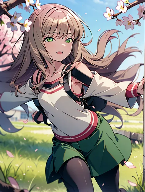 Yume minami ,South　Dream buds, long hair, brown hair, (Green eyes:1.5) (medium chest:1.2),happy smile, smile, open your mouth,skirt,off shoulder sweater,bare shoulders,bare clavicle,naked neck,short denim pants,black pantyhose,short boots,cherry blossoms a...