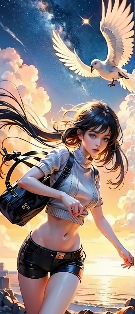 (best quality,4K,8K,High resolution,masterpiece:1.2), The girl in the clouds has hair as fluffy as clouds,bird overhead，soft sweater，tiny stars, fantasy illustration, dream color, Children&#39;s illustration style.bright colors