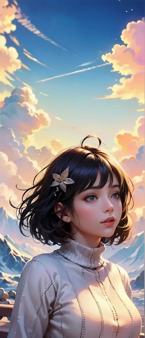 (best quality,4K,8K,High resolution,masterpiece:1.2), The girl in the clouds has hair as fluffy as clouds,bird overhead，soft sweater，tiny stars, fantasy illustration, dream color, Children&#39;s illustration style.bright colors