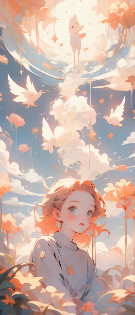 (best quality,4K,8K,High resolution,masterpiece:1.2), The girl in the clouds has hair as fluffy as clouds,bird overhead，soft sweater，tiny stars, fantasy illustration, dream color, Children&#39;s illustration style.bright colors