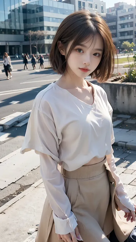 light brown hair、brown hair、hair between eyes、hair behind the ear、short hair、white shirt、uniform、front、negative space、Lens flare、Bokeh、 wide angle、超wide angle、f/1.8、35mm、realism、Depth of the bounds written、futuristic、UHD、retina、masterpiece、correct、anatomic...