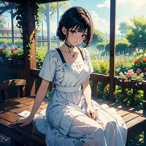 (highest quality、masterpiece、High resolution)、(Sargent style watercolor)、(anime art)、(1 woman)、18-year-old、Taking care of flowers、watering、medium short hair、black hair、braided hair、apron dress、White blouse and long skirt、cinematic light、soft light、A botani...