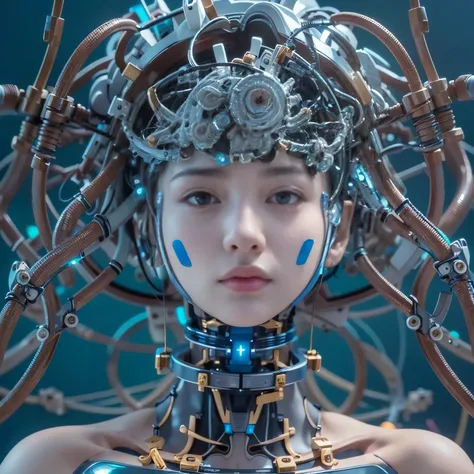 (best quality:1.2), 8k, highres, octan render, (masterpiece), extremely ultra detail, cyborgized Japanese woman, extremely ultra cute face, , skinny body, flat chest,  (blue metallic mechanical frame:1.5), (Power cables connected throughout the body), deta...