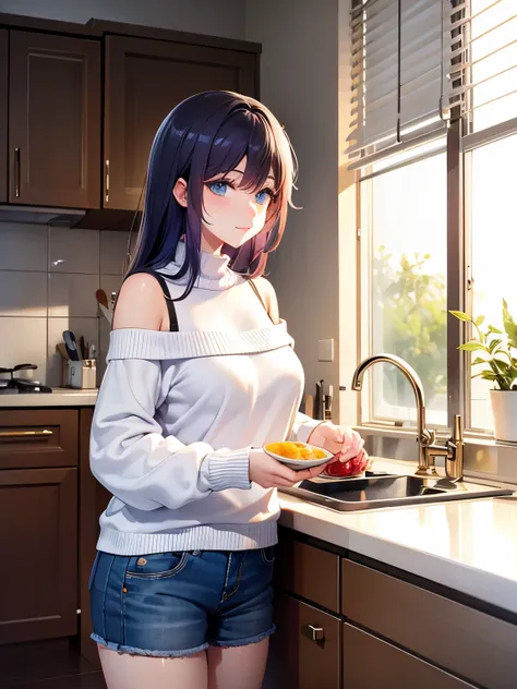 Tang Wutong, big , wearing off shoulder sweater and cotton shorts, home kitchen