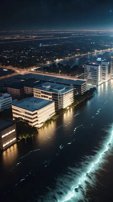 Australias severe floods, water, drowning building, night sky, 8k