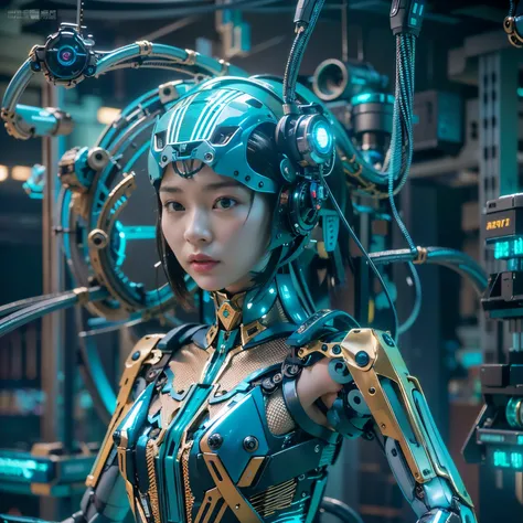 (best quality:1.2), 8k, highres, octan render, (masterpiece), extremely ultra detail, cyborgized Japanese woman, extremely ultra cute face, , skinny body, flat chest,  (blue metallic mechanical frame:1.5), (Power cables connected throughout the body), deta...