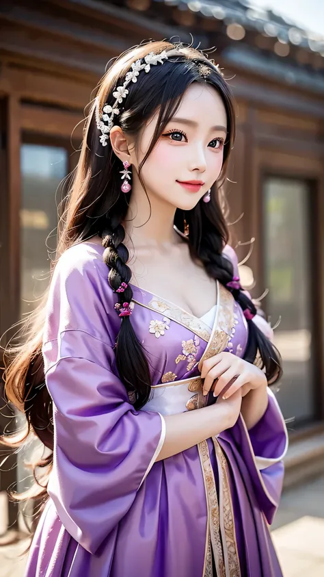 bright purple taoist robe, hanfu long skirt, Big eyes, The absolute beauty of a masterpiece, 1 female, close. close, healing smile, snow scene, 4K quality, twisted braids, princess hair style princess cut, simple hair accessories, Plum blossom, Once people...