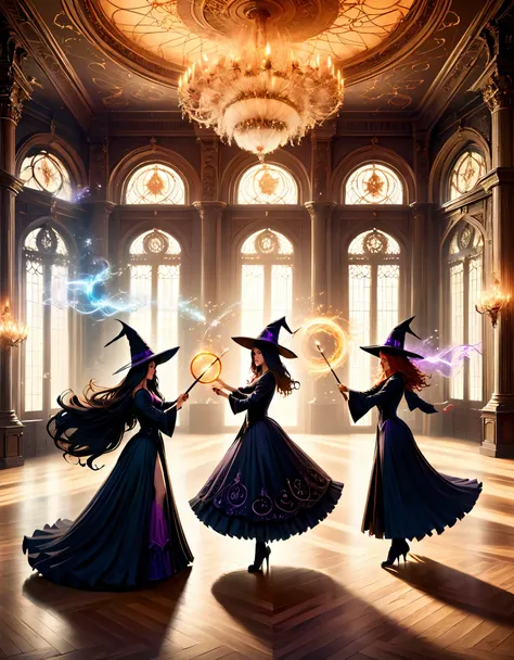 glamorous witches practicing wand dueling in a grand, opulent ballroom adorned with intricate magical sigils.