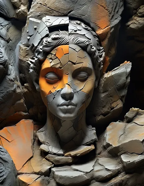 minimalist art,in style of Patchwork ,digital art of A stone carving of a girls head, ancient rhyme in four colors (black, orange, brown and gray), mottled and plain, rough outside and fine inside, dirty and clean inside, carved inside, damaged rock, shab...