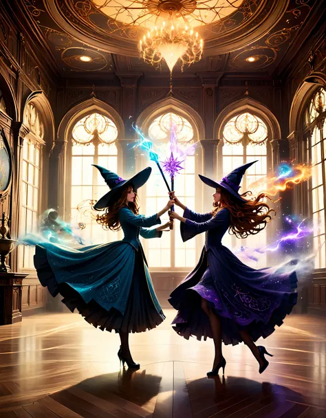 glamorous witches practicing wand dueling in a grand, opulent ballroom adorned with intricate magical sigils.