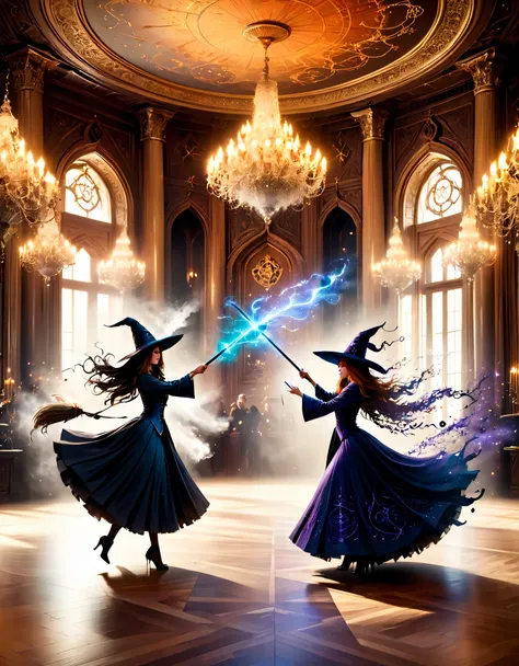 glamorous witches practicing wand dueling in a grand, opulent ballroom adorned with intricate magical sigils.