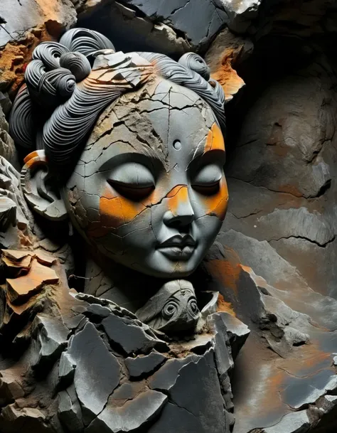 digital art of a stone carving of a chinese girl's head, ancient rhyme in four colors (black, orange, brown and gray), mottled a...