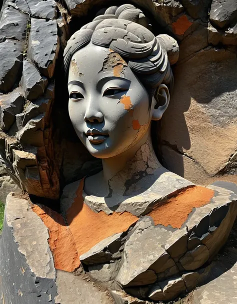 digital art of A stone carving of a Chinese girls head, ancient rhyme in four colors (black, orange, brown and gray), mottled and plain, rough outside and fine inside, dirty and clean inside, carved inside, damaged rock, shabby, irregular, spliced stone, r...
