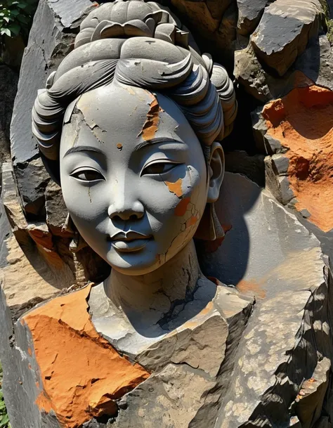 digital art of A stone carving of a Chinese girls head, ancient rhyme in four colors (black, orange, brown and gray), mottled and plain, rough outside and fine inside, dirty and clean inside, carved inside, damaged rock, shabby, irregular, spliced stone, r...