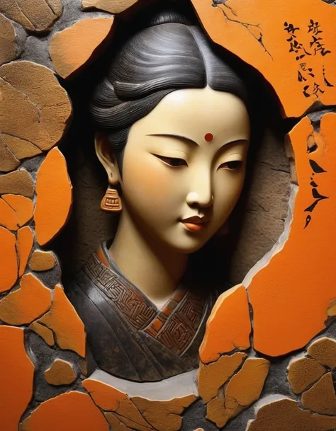 Internal stone sculpture of a Chinese girl&#39;s head in a broken irregular stone，Ancient rhyme four colors(black、orange、Brown、Ash)，Mottled and rustic、Rough outside and fine inside、Looks dirty but is actually clean，Internal carving，Broken Rock，old，irregula...