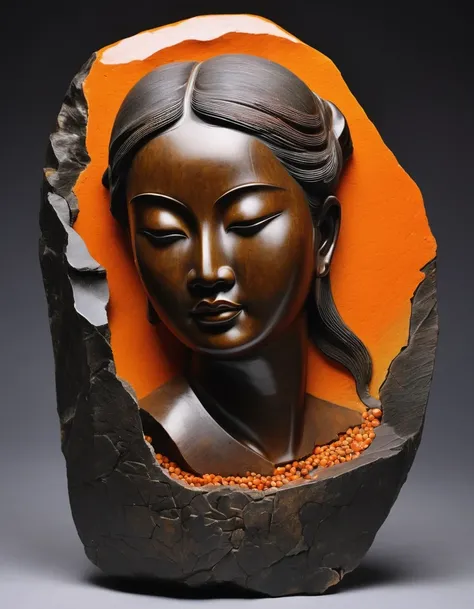 Internal stone sculpture of a Chinese girl&#39;s head in a broken irregular stone，Ancient rhyme four colors(black、orange、Brown、Ash)，Mottled and rustic、Rough outside and fine inside、Looks dirty but is actually clean，Internal carving，Broken Rock，old，irregula...