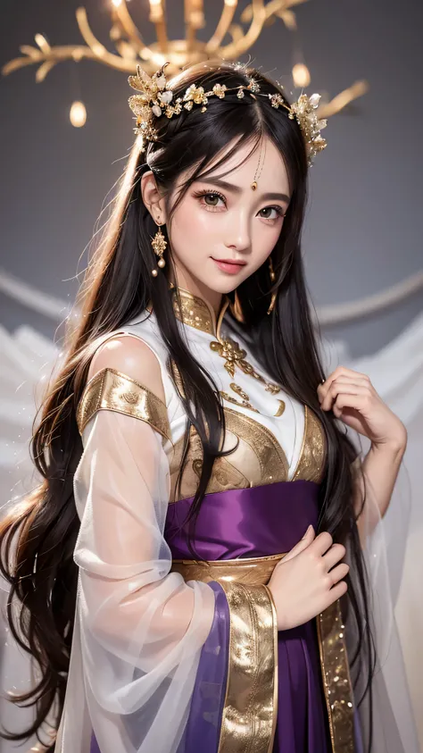 bright purple taoist robe, hanfu long skirt, Big eyes, The absolute beauty of a masterpiece, 1 female, close. close, healing smile, snow scene, 4K quality, twisted braids, princess hair style princess cut, simple hair accessories, Plum blossom, Once people...