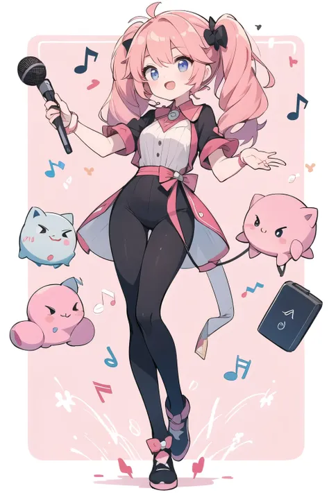 human Jigglypuff; full body; pink hair; Microphone; Musical note
