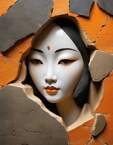 A Chinese girl&#39;s head sculpture in a broken irregular stone，Ancient rhyme four colors(black、orange、Brown、Ash)，Mottled and rustic、Rough outside and fine inside、Looks dirty but is actually clean，Internal carving，Broken Rock，，old，irregular，Stone splicing，...