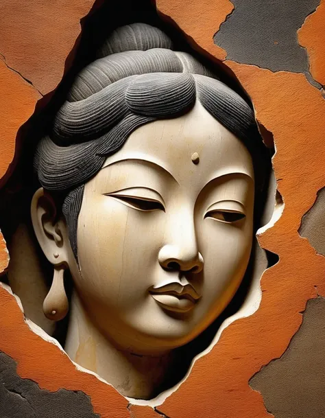 A Chinese girl&#39;s head sculpture in a broken irregular stone，Ancient rhyme four colors(black、orange、Brown、Ash)，Mottled and rustic、Rough outside and fine inside、Looks dirty but is actually clean，Internal carving，Broken Rock，，old，irregular，Stone splicing，...