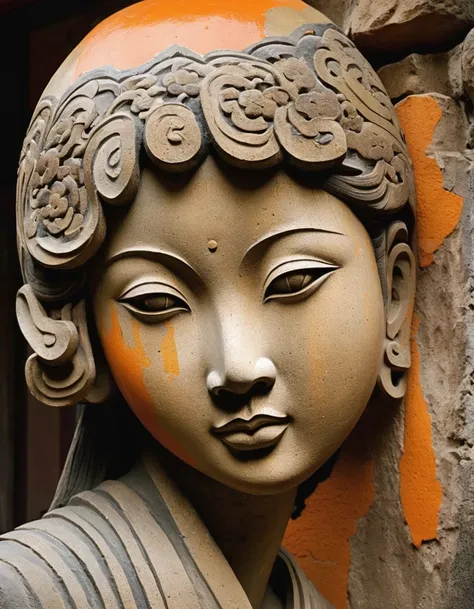 A stone sculpture of a Chinese girl&#39;s head，Ancient rhyme four colors(black、orange、Brown、Ash)，Mottled and rustic、Rough outside and fine inside、Looks dirty but is actually clean，Internal carving，Broken Rock，，old，irregular，Stone splicing，Rock background ,...