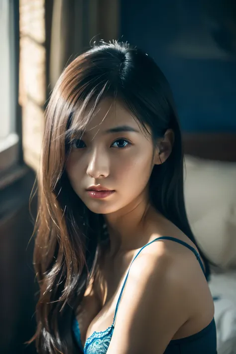 cinematic color, Skinny Japanese woman, 30 years old, cute face, detailed face, detailed eyes, (best quality, ultra-detailed), feminin lighting, messy hair, wearing dark blue lingeries, delicate features, dreamy atmosphere