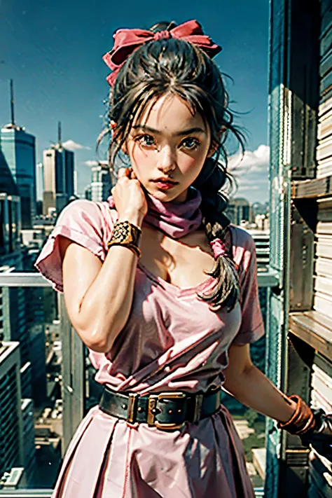 highest quality, masterpiece, ultra high resolution, Raw photo, beautiful and aesthetic,deep shadow, dark theme,(realistic:1.4),
Dragon Ball, Futebuteshi, aqua hair, hair ribbon, braided ponytail, pink shirt, belt, scarf, pink skirt, write clothes, brown g...