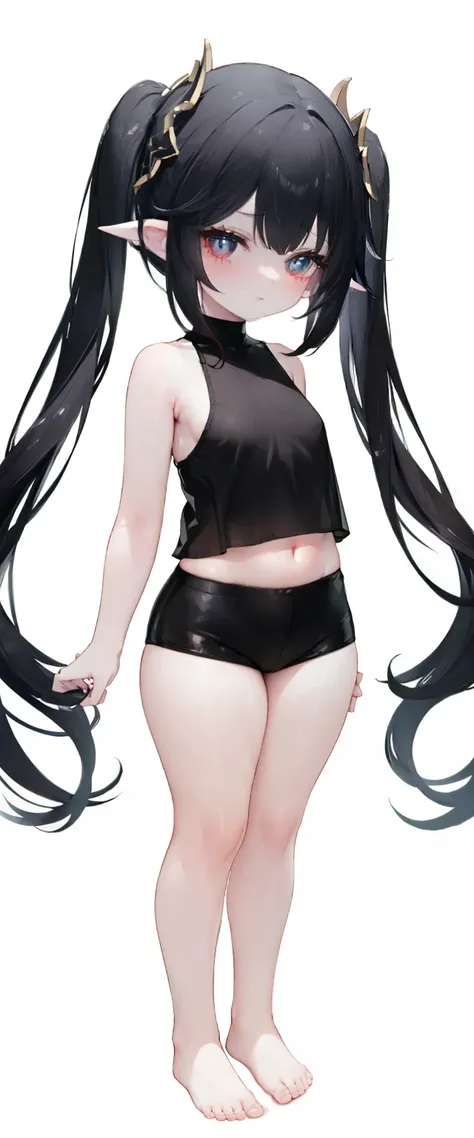 ,child,cute,black hair,thick thigh ,short leather pants,black mini camisole, thick thighs,flat chest,black color tank top,black mini camisole,crop top, Nahida, loli,child,flat chest,fullbody, thick thighs, blushing,loli,child, standing straight, head to to...